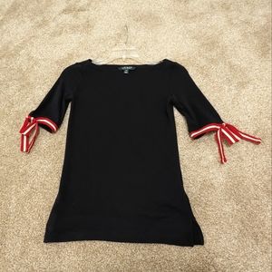 Lauren by Ralph Lauren Black Boat Neck Top with Red & White Ties on Slee…